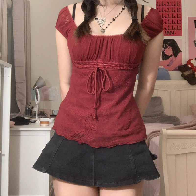 Vintage Fairycore Bow Tee – Elegant Square Neck Y2K Style Grunge Women Crop Top Retro Clothes
