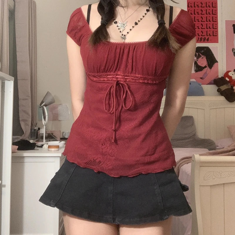 Vintage Fairycore Bow Tee – Elegant Square Neck Y2K Style Grunge Women Crop Top Retro Clothes